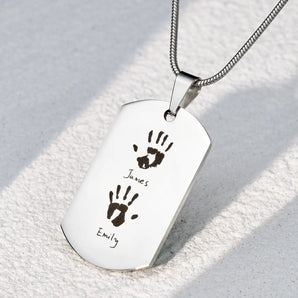 Two Handprints and Name Dog Tag Necklace